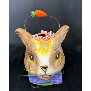 Dept 56 Easter Bunny Rabbit Basket Paper Mache Wire Handle Creepy Bunny Basket